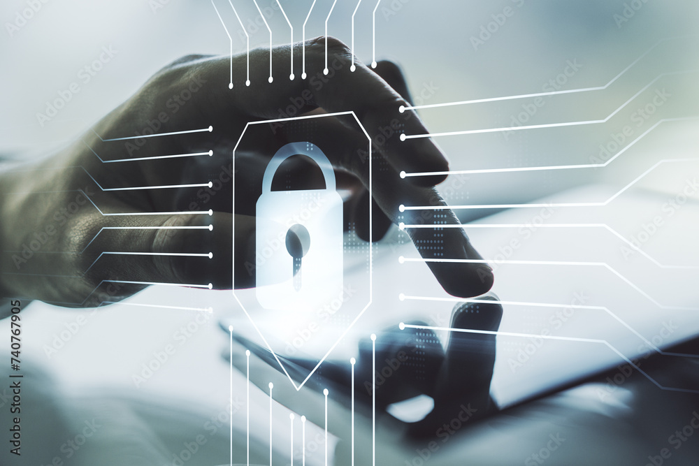 Poster creative lock sketch with chip hologram and hand working with a digital tablet on background, protec