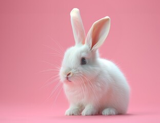 Fototapeta premium Easter bunny, cute white color rabbit on pastel pink background