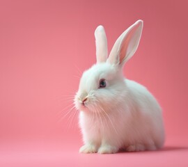 Fototapeta premium Easter bunny, cute white color rabbit on pastel pink background
