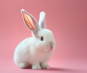 Fototapeta premium Easter bunny, cute white color rabbit on pastel pink background