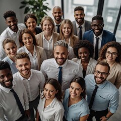 A group of multi-ethnic business people smiling and posing in the office