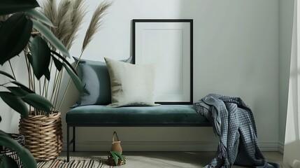 A mockup poster blank frame in a thin black metal frame, on a velvet cushion bench, accompanied by a woven basket with throw blankets, in muted greens and blues