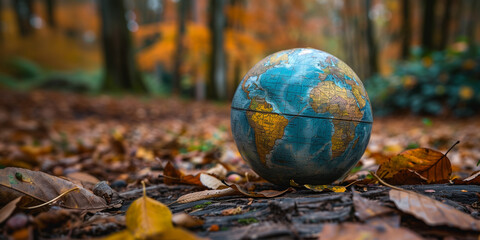 close-up of a globe on a background of autumn leaves