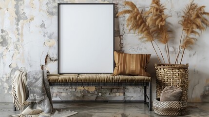 A mockup poster blank frame in a thin black metal frame, on a velvet cushion bench, accompanied by a woven basket with throw blankets, in earthy tones
