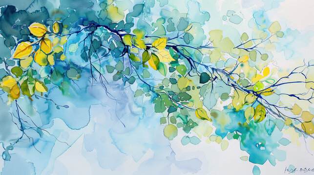 abstract background painting leaves with blue yellow green oil paint generative ai
