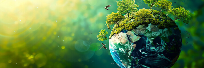 Illustration of the earth with lush green and lively creatures around. - obrazy, fototapety, plakaty