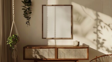 A mockup poster blank frame with a simple wooden design, hanging above a mid-century sideboard, with a hanging macrame plant holder nearby, in earthy tones