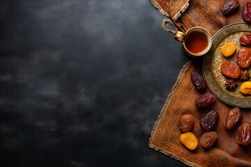 up of tea with dried fruits on the table. Ramadan kareem decorations background. Top view, flat lay moslem islam iftar braking fast concept, copy space - generative ai - obrazy, fototapety, plakaty