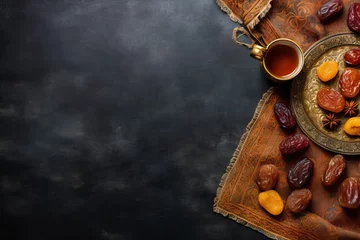 Fotobehang up of tea with dried fruits on the table. Ramadan kareem decorations background. Top view, flat lay moslem islam iftar braking fast concept, copy space - generative ai © Nia™