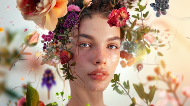 A 3D render of a woman model with glowing, healthy skin, surrounded by floating, ethereal representations of organic ingredients like flowers, herbs, and fruits