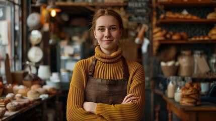 Fototapeta na wymiar Confident bakery owner surrounded by baked goods in cozy shop, exuding success and warmth.