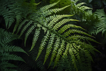 Fototapeta na wymiar Green fern leaves in the rainforest. Natural background for design. Generative AI