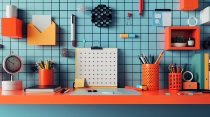 A 3D render of office supplies placed against an abstract background made of geometric shapes and lines, symbolizing organization and productivity
