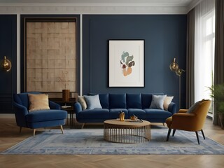 A spacious living room with a blue sofa, an armchair and a poster on the wall. Generative AI