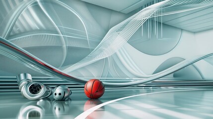 A 3D render of sports equipment placed against an abstract background with dynamic lines and curves, symbolizing motion and energy