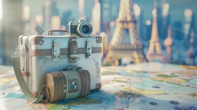 A 3D render of travel gear like a suitcase or a camera, placed against an abstract background with landmarks and maps, symbolizing travel and adventure