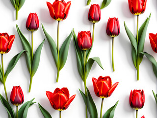 Obraz premium Radiant Rows: Red Tulips Arranged in Bright, Cheerful Composition on White Background. generative AI