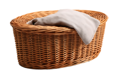 Wicker Basket With Blanket. A wicker basket with a blanket securely placed on top, creating a cozy spot for relaxation or a picnic. on White or PNG Transparent Background.