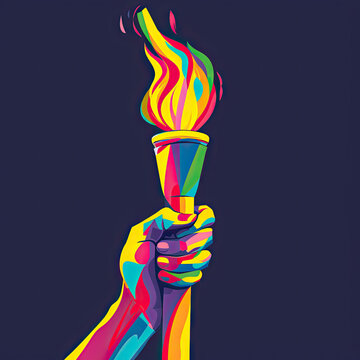 An illustration of a hand holding the Olympic Torch. A bright colorful symbol of the Olympic Games


