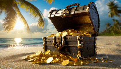 Close-up of an opened pirate treasure chest full of gold coins on a sandy beach of a tropical...