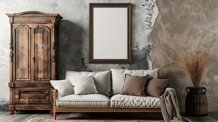 A mockup poster blank frame hanging on a rustic wardrobe, above a stylish sofa, family room, Scandinavian style interior design