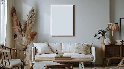 A mockup poster blank frame hanging on a minimalist desk, above a contemporary couch, studio apartment, Scandinavian style interior design