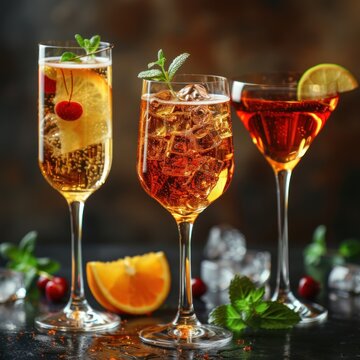 Assortment of alcoholic cocktail Aperol spritz, champagne and red martini in glasses on a dark background