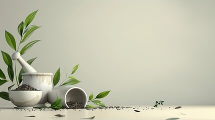 A background with 3D illustration of herbs, mortar and pestle, and tea leaves. with text space - obrazy, fototapety, plakaty