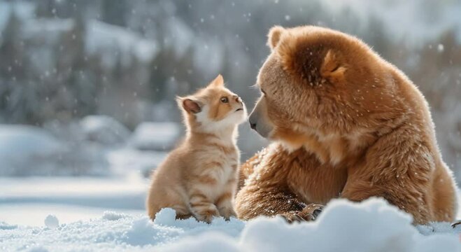 a bear and a cat in the snow footage