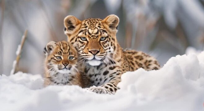 mother leopard and her cub in the snow footage