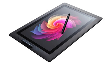 Tablet With Pen on Top. A tablet with a pen placed on its surface, ready for creative work or note taking. on White or PNG Transparent Background.