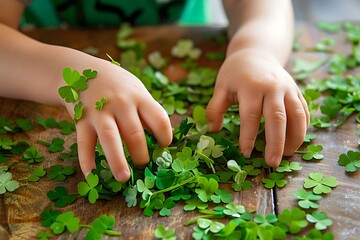 Children's Hands Creatively Making St Patrick's Day Crafts. Concept St Patrick's Day Crafts, Children's Activities, Hands-on Art, Creative Kids, Festive DIY