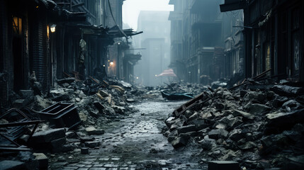 City street is strewn with rubble and debris, creating a scene of destruction and chaos - obrazy, fototapety, plakaty