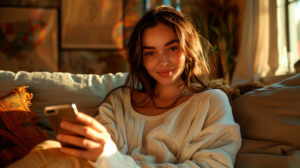 Obraz premium a young woman sitting in her living room on a cozy couch with her smartphone in her hands