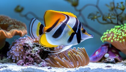 Vibrant foxface fish swimming amidst colorful corals in a saltwater aquarium environment