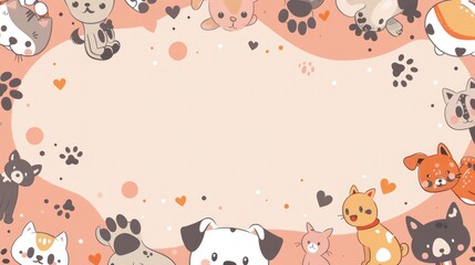 A background with cute illustrations of dogs, cats, and pet accessories. The text space can be in the shape of a paw print