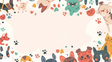 A background with cute illustrations of dogs, cats, and pet accessories. The text space can be in the shape of a paw print