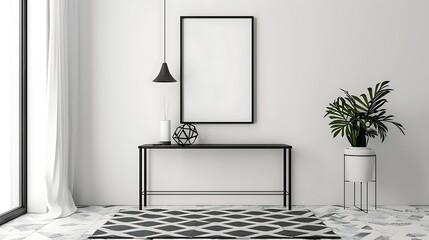 A mockup poster blank frame hanging on a minimalist console table, next to a geometric rug, with a minimalist lamp for lighting, in black and white accents