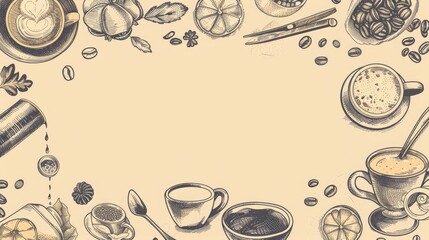 A background with doodles of coffee cups, beans, and barista tools. The text space can be in the shape of a coffee cup - obrazy, fototapety, plakaty