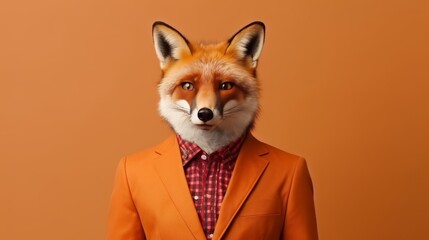 Anthropomorphic fox in business suit at corporate workplace, studio shot with space for text.