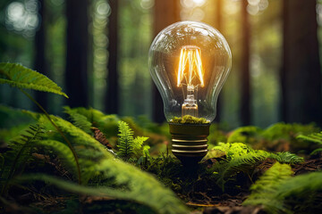light bulb amidst lush forest symbolizes sustainability, renewable energy, and innovative concepts....