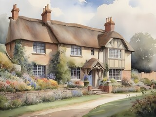 Fototapeta na wymiar Country House Watercolor painting of an English. 