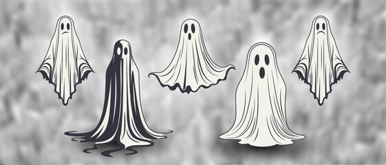Vector set of graphic classic flying and standing ghosts made from sheets. Cartoon phantoms collection. Halloween. Blurry smoky background.