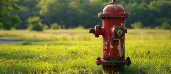 Vibrant red fire hydrant standing alone in a lush green field under the blue sky - Powered by Adobe