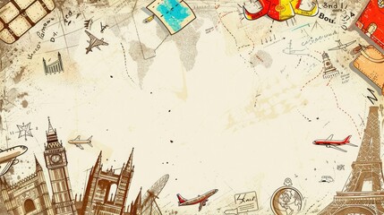 A background with drawings of famous landmarks, airplanes, and suitcases. The text space can be in the shape of a globe