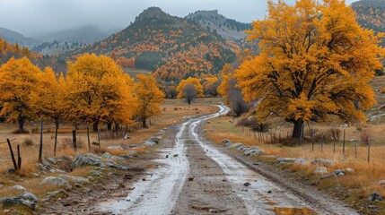 Obraz premium Colorful trees and footpath road in autumn landscape in deep forest. The autumn colors in the forest create a magnificent view. autumn view in nature.