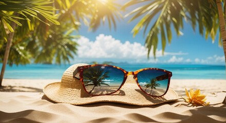 Fototapeta na wymiar Straw hat and sunglasses on beach Sunny Tropical Beach With Palm Leaves