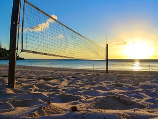 Photo of beach volleyball at sunset.
