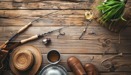 Fishing gear set with hooks, rod, lines, baits, and shoes on wooden background with text space