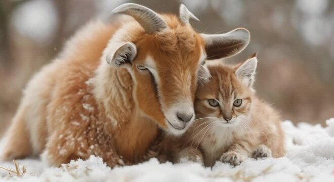 a goat and a cat in the snow footage